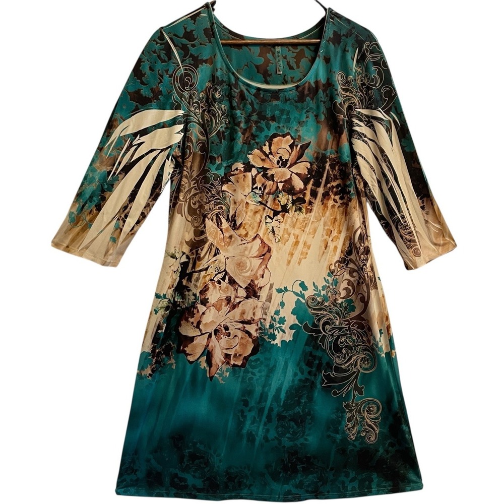 Fresh of LA Floral Tunic Dress Women 1X Teal Tan 3/4 Sleeve KD3795X